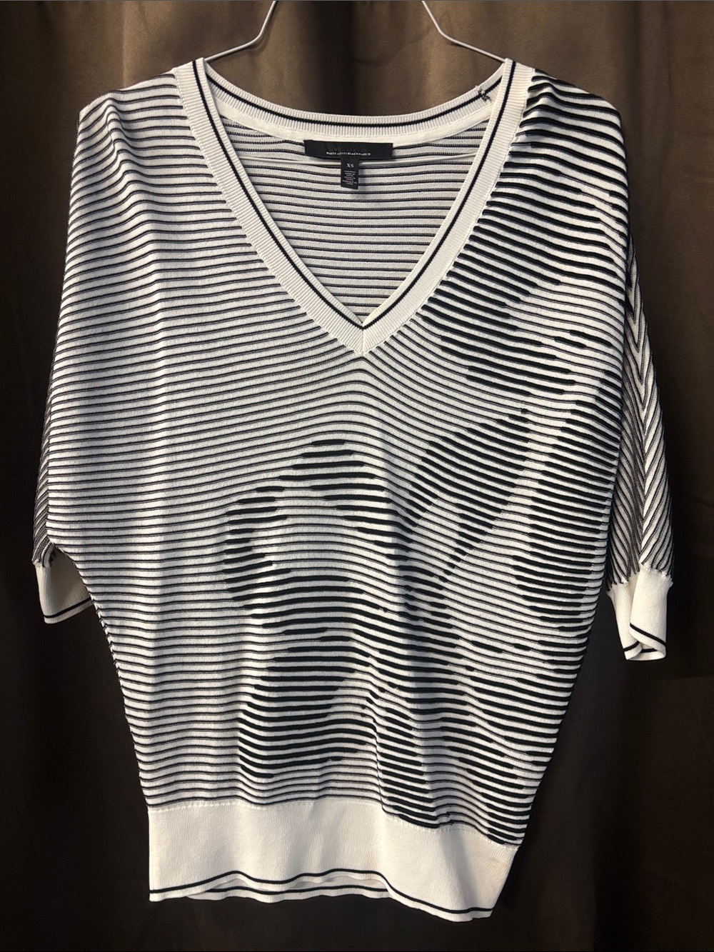 White House Black Market Black & White Striped V-Neck Dolman Top